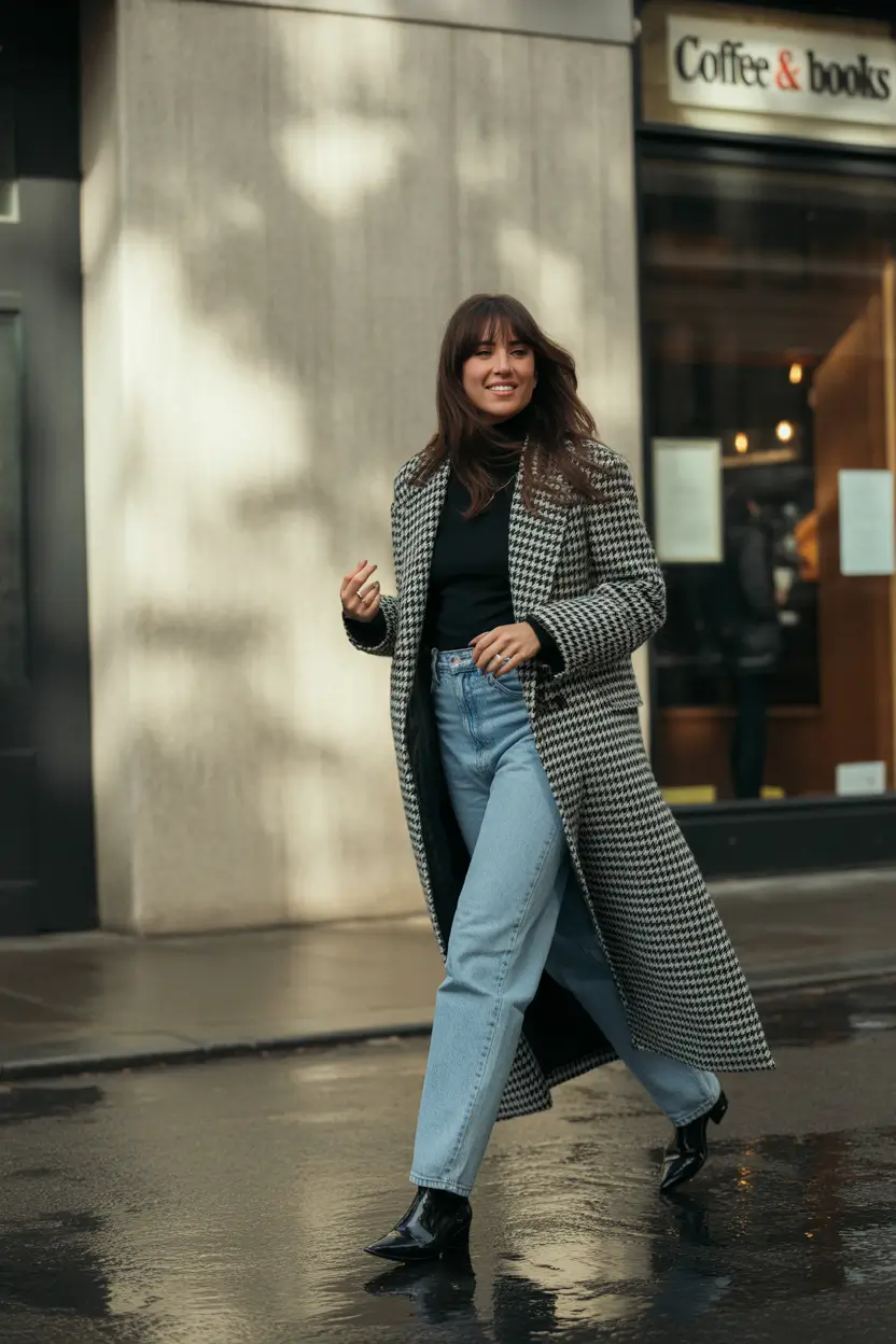 fall transition outfits 2025 Retro Power with Houndstooth Drama