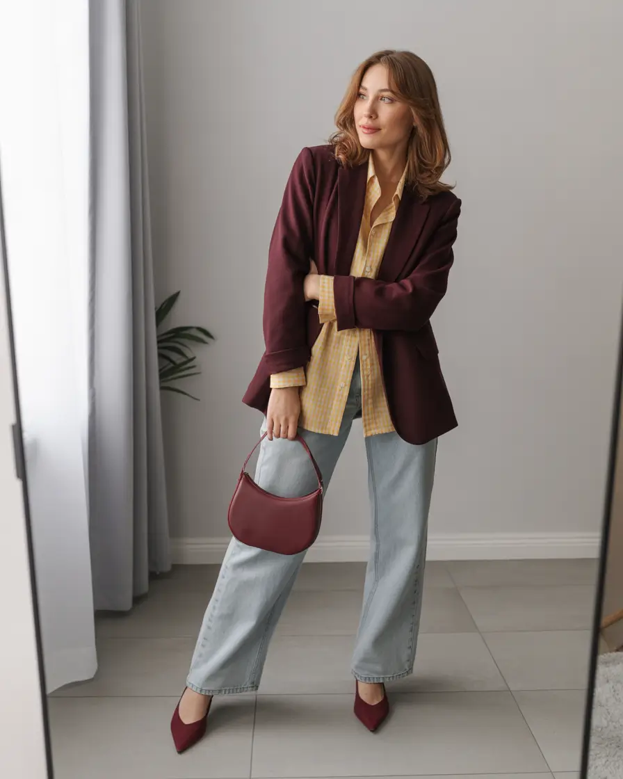 fall work outfits for women Wine Blazer Meets Weekend Denim