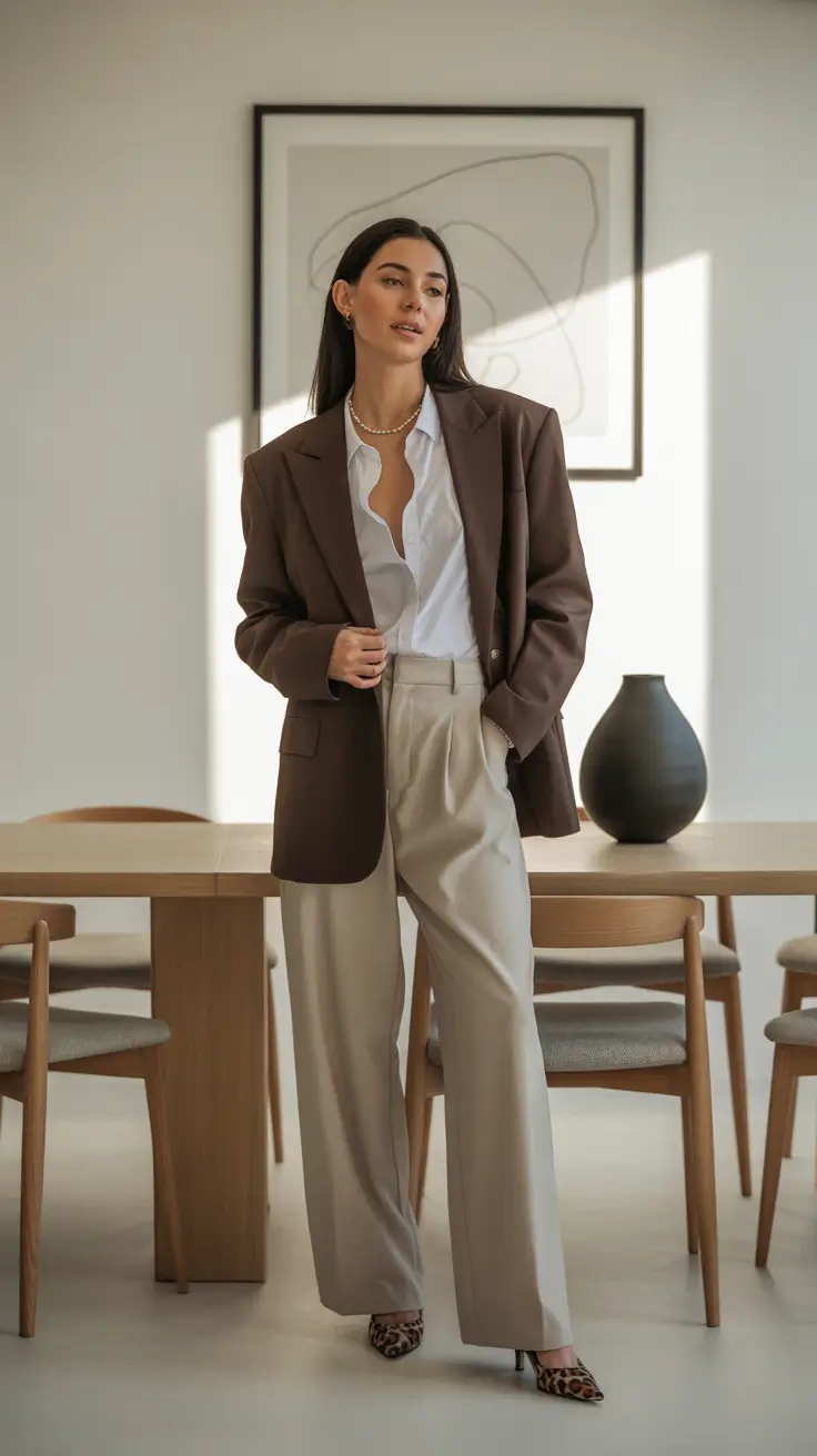 fall work outfits for women Espresso Blazer over Stone Trousers
