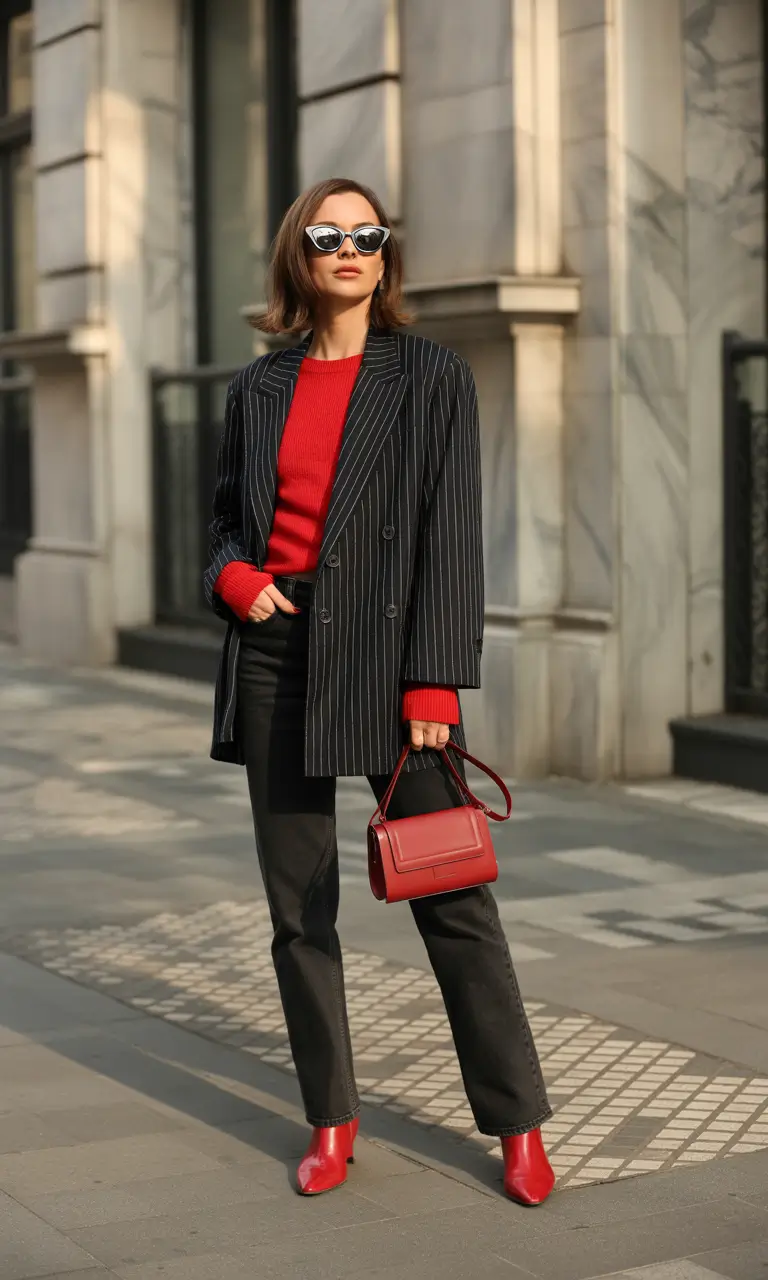 fall work outfits for women Pinstripes with a Pop of Red