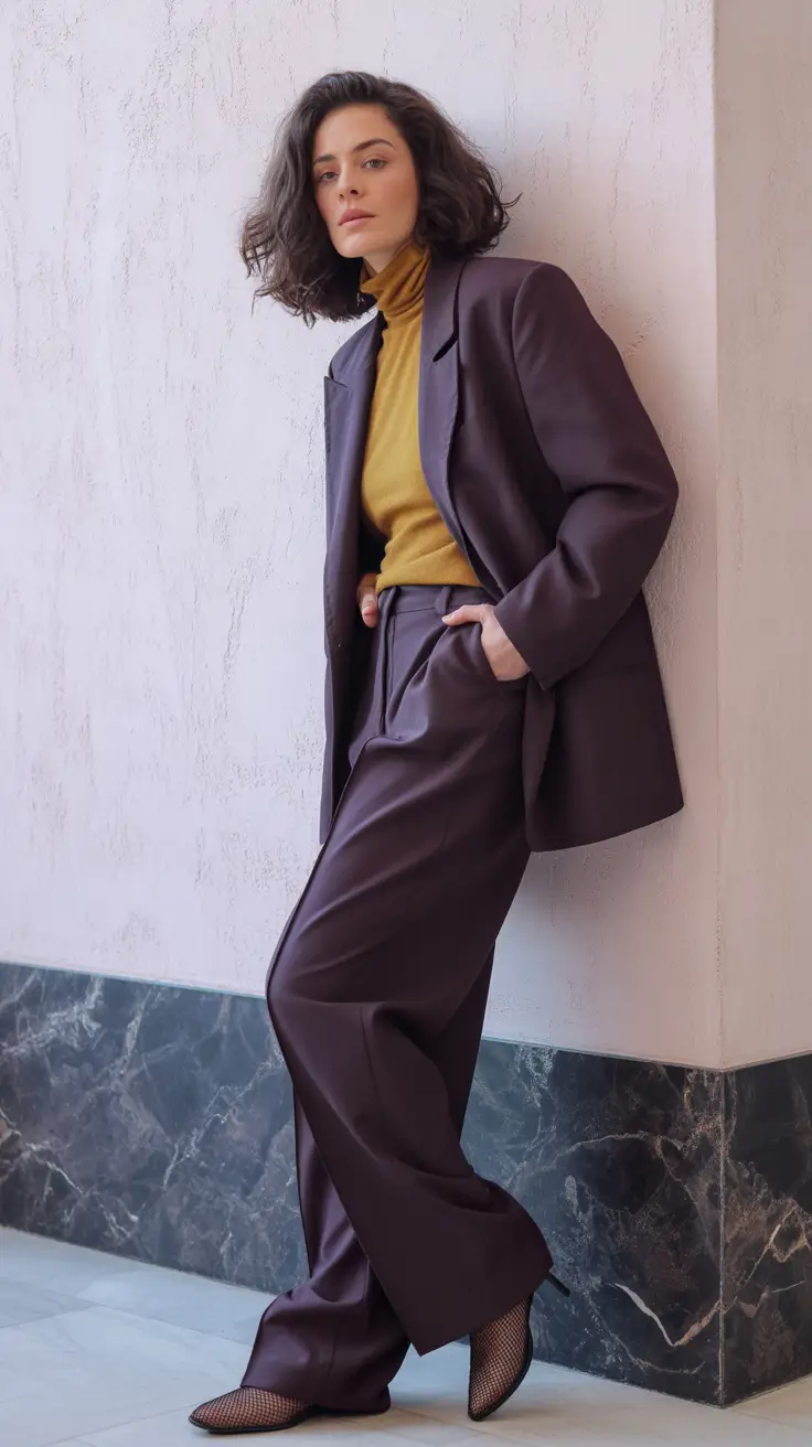 fall work outfits for women 2025 Aubergine Suit & Mustard Pop
