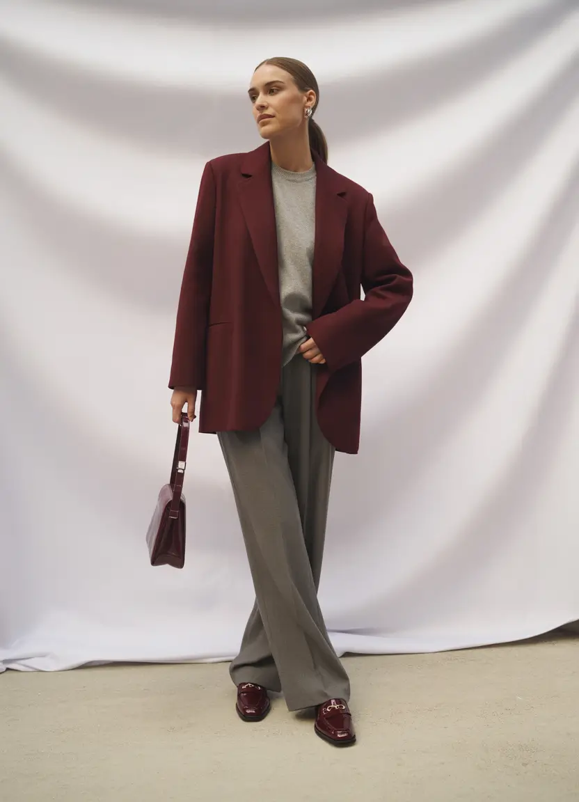 fall work outfits for women Merlot Blazer & Relaxed Trousers Mix