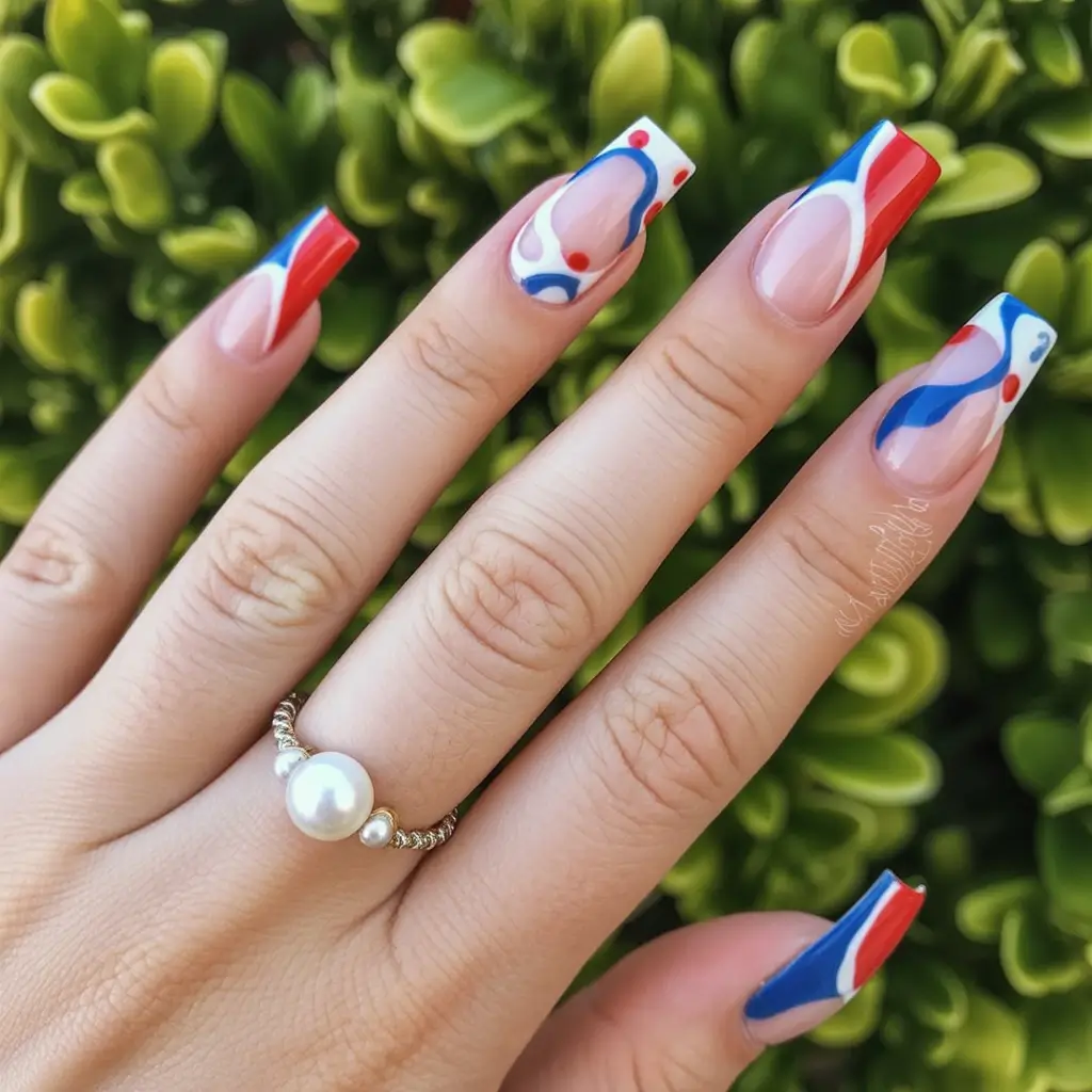 july nails color ideas 2025 Swirls of Patriot Chic
