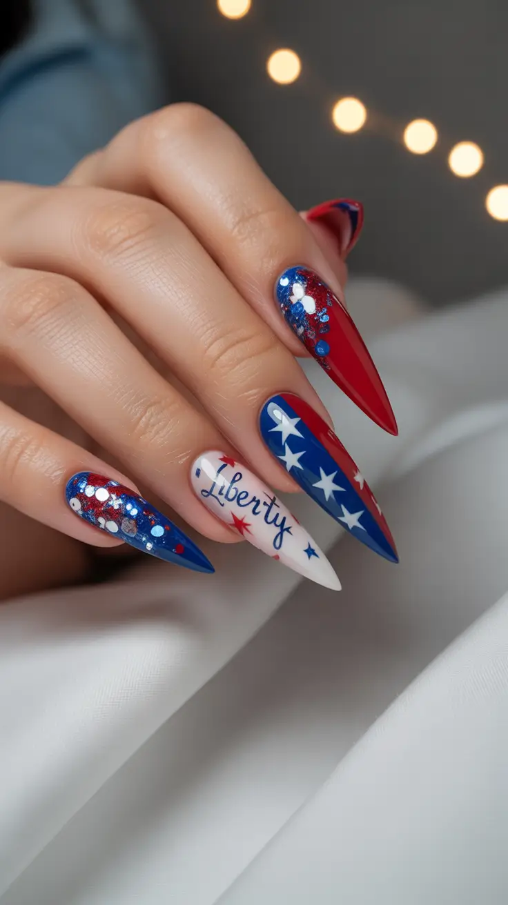 july nails color ideas 2025 Firecracker Sparkle & Liberty Script