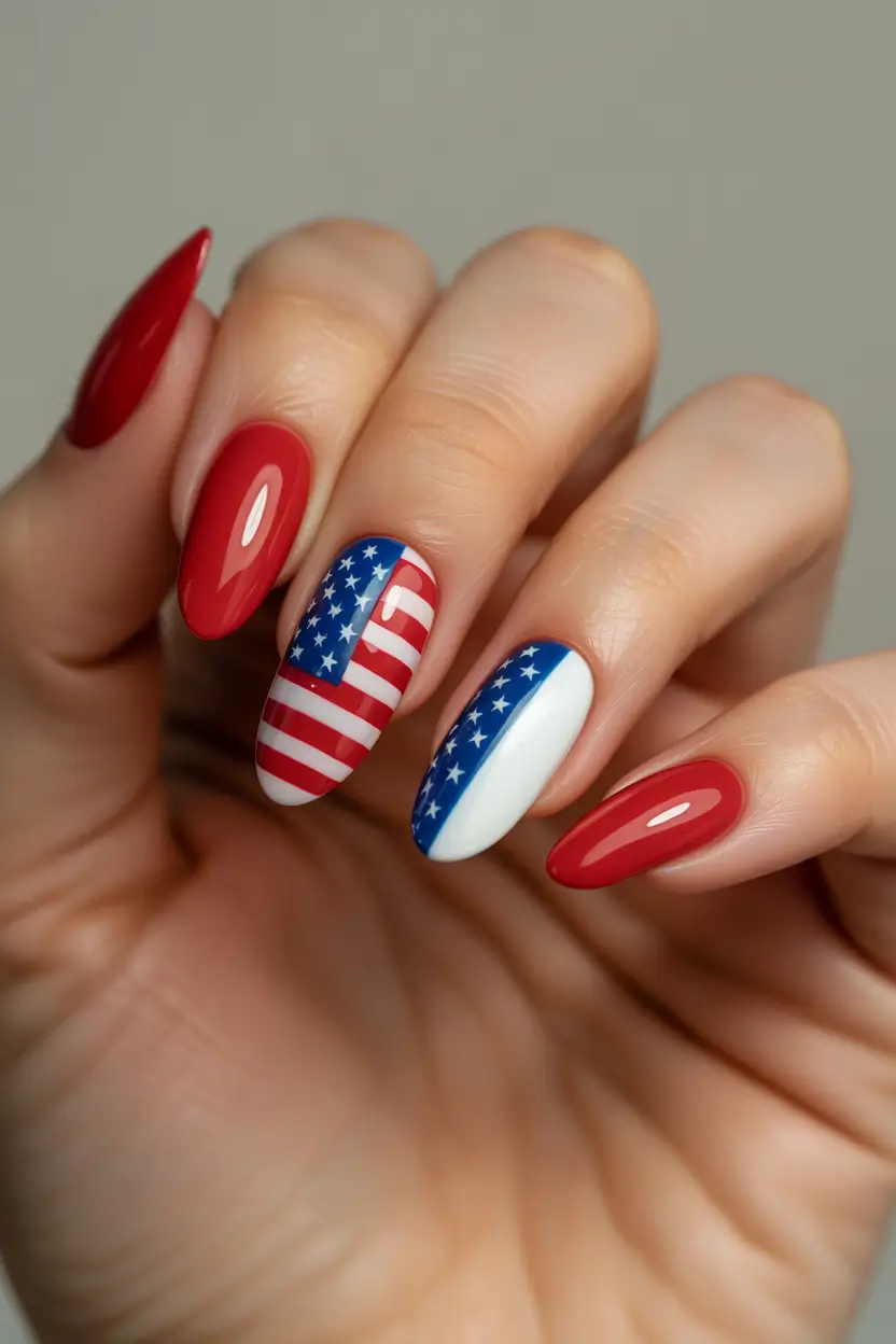 july nails color ideas 2025 Classic Patriot Chic