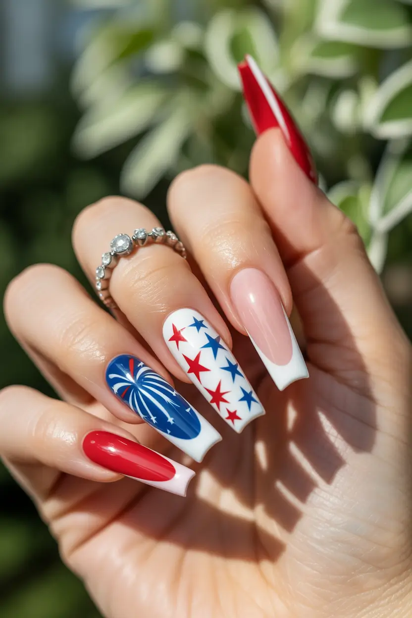 july nails color ideas 2025 Firework Fantasy on Coffin Tips