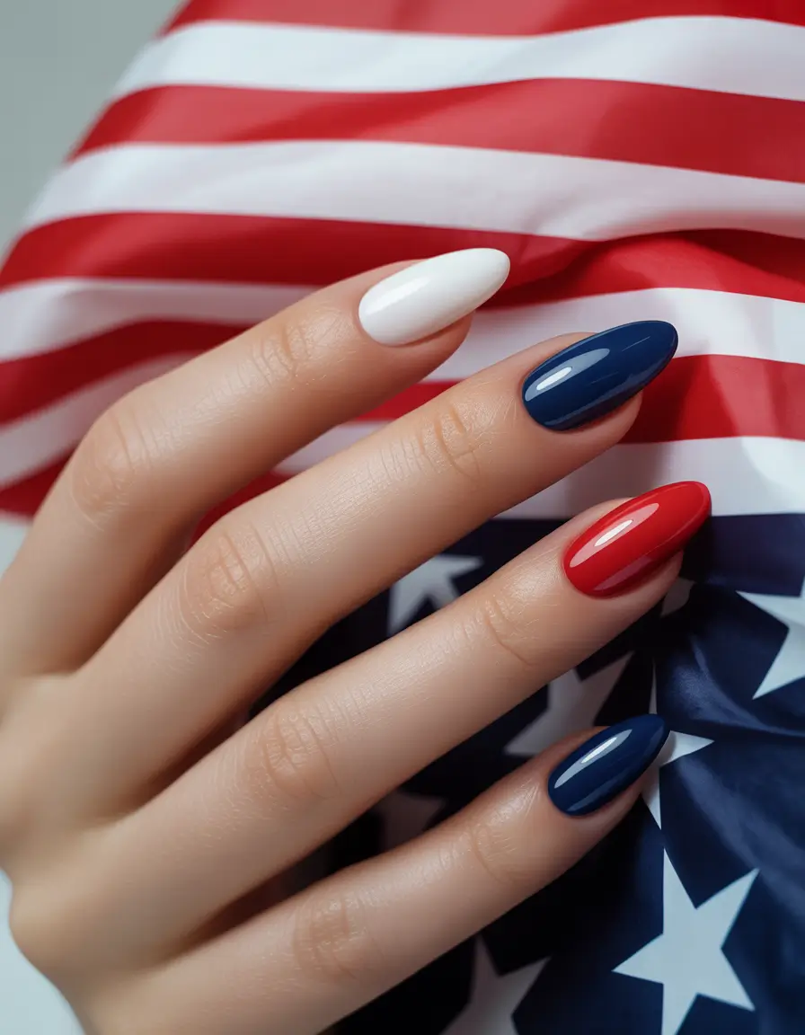 july nails color ideas 2025 Bold and Basic: Classic Tricolor Power