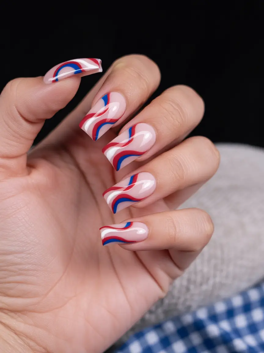 july nails color ideas 2025 Retro Ribbon Waves