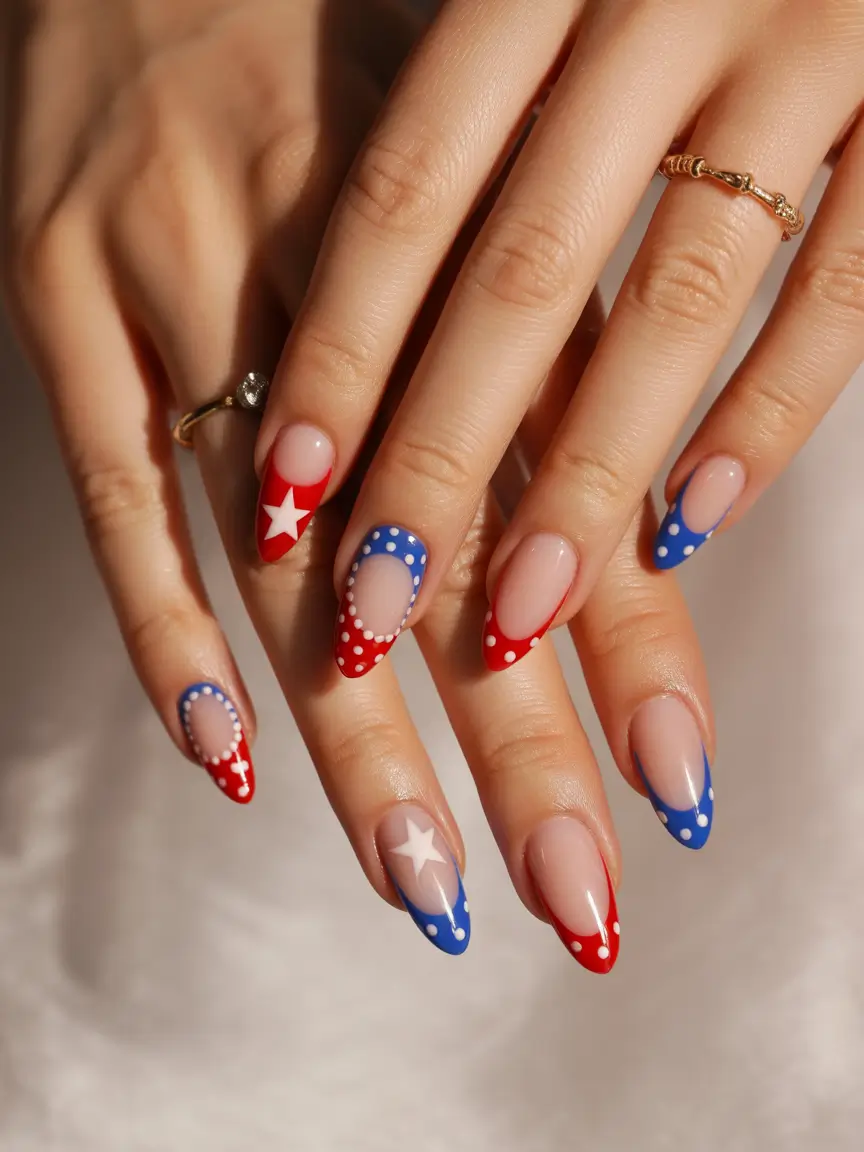 july nails color ideas 2025 Retro Dots with a Patriotic Twist