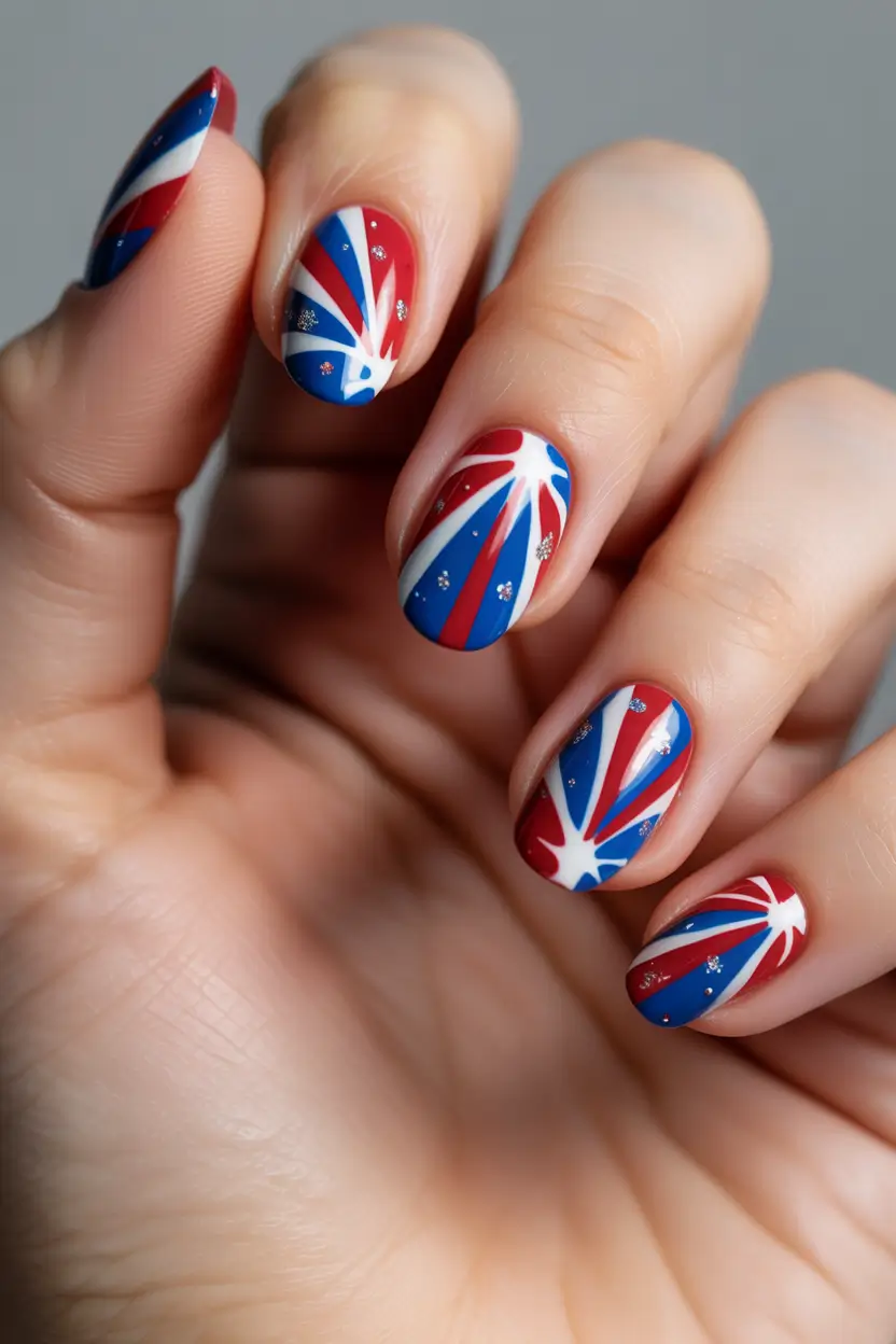 july nails ideas 2025 Retro Firework Burst with Glitter Flare