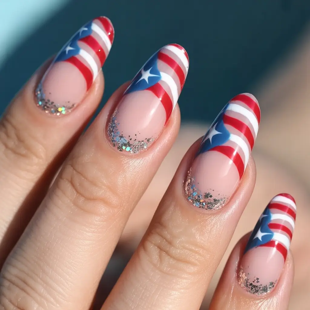 july nails ideas 2025 Stars and Stripes Meet Sparkle