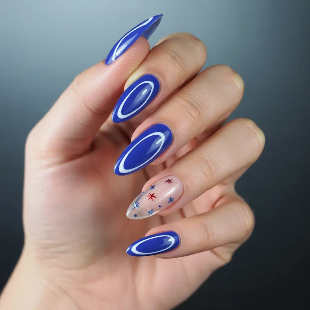 july nails ideas 2025 Electric Blue Orbit and Starry Accent