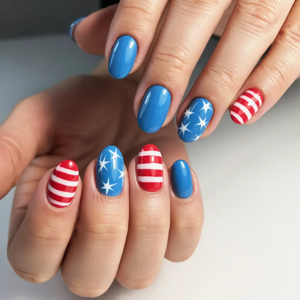 july nails ideas 2025 Firecracker Stripes & Starbursts