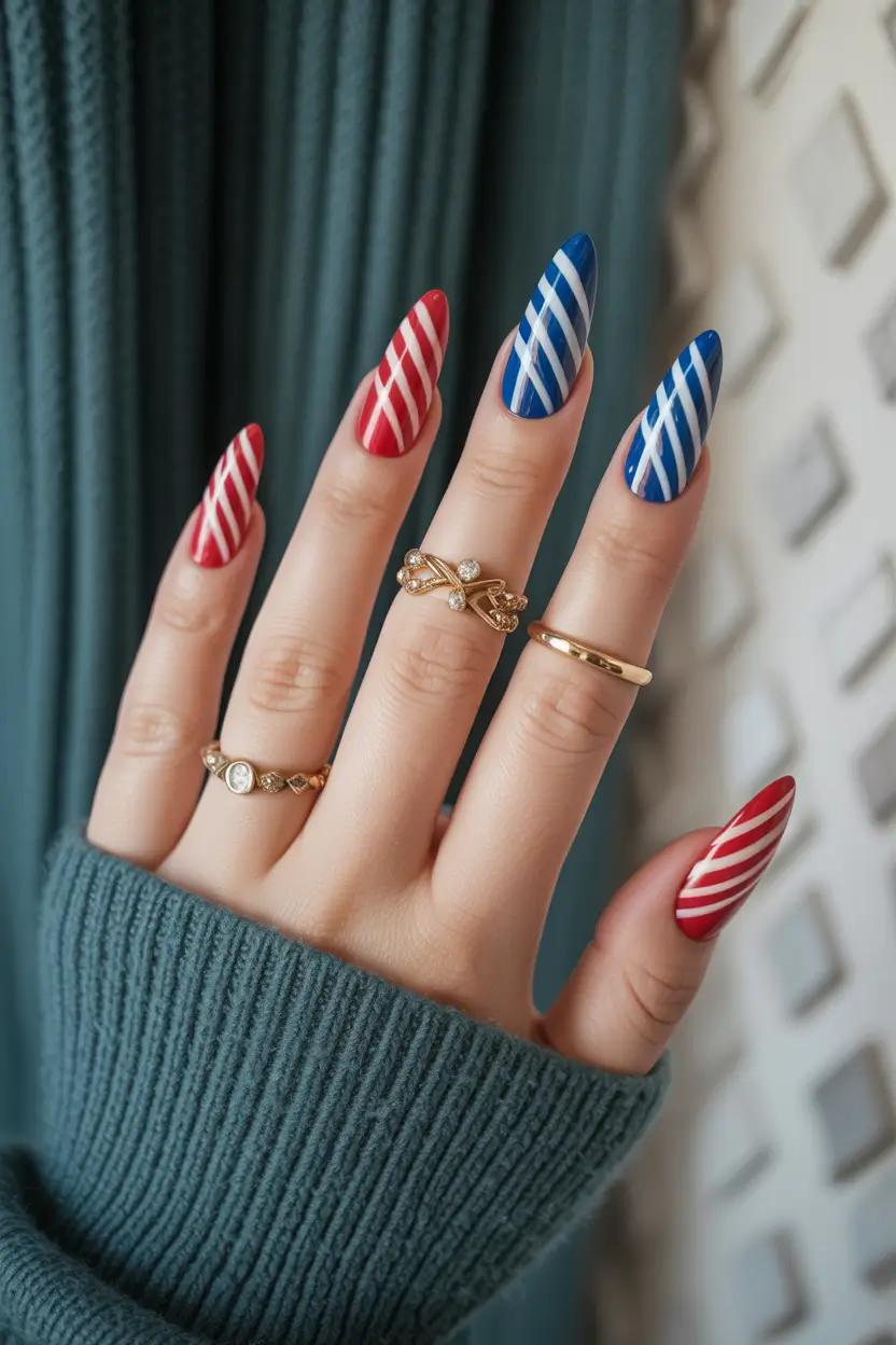 july nails ideas 2025 Crisscross Cool in Red, White & Blue
