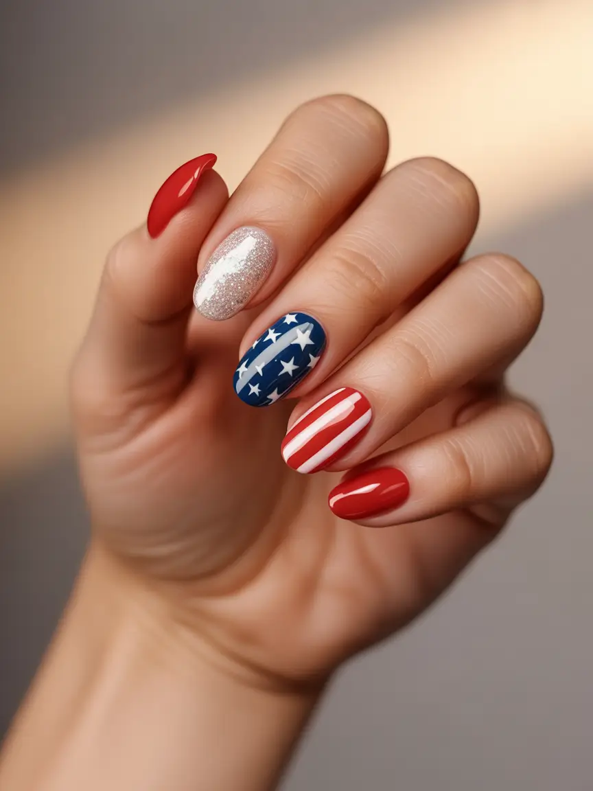 july nails ideas 2025 Glitter, Stripes & Fireworks Magic