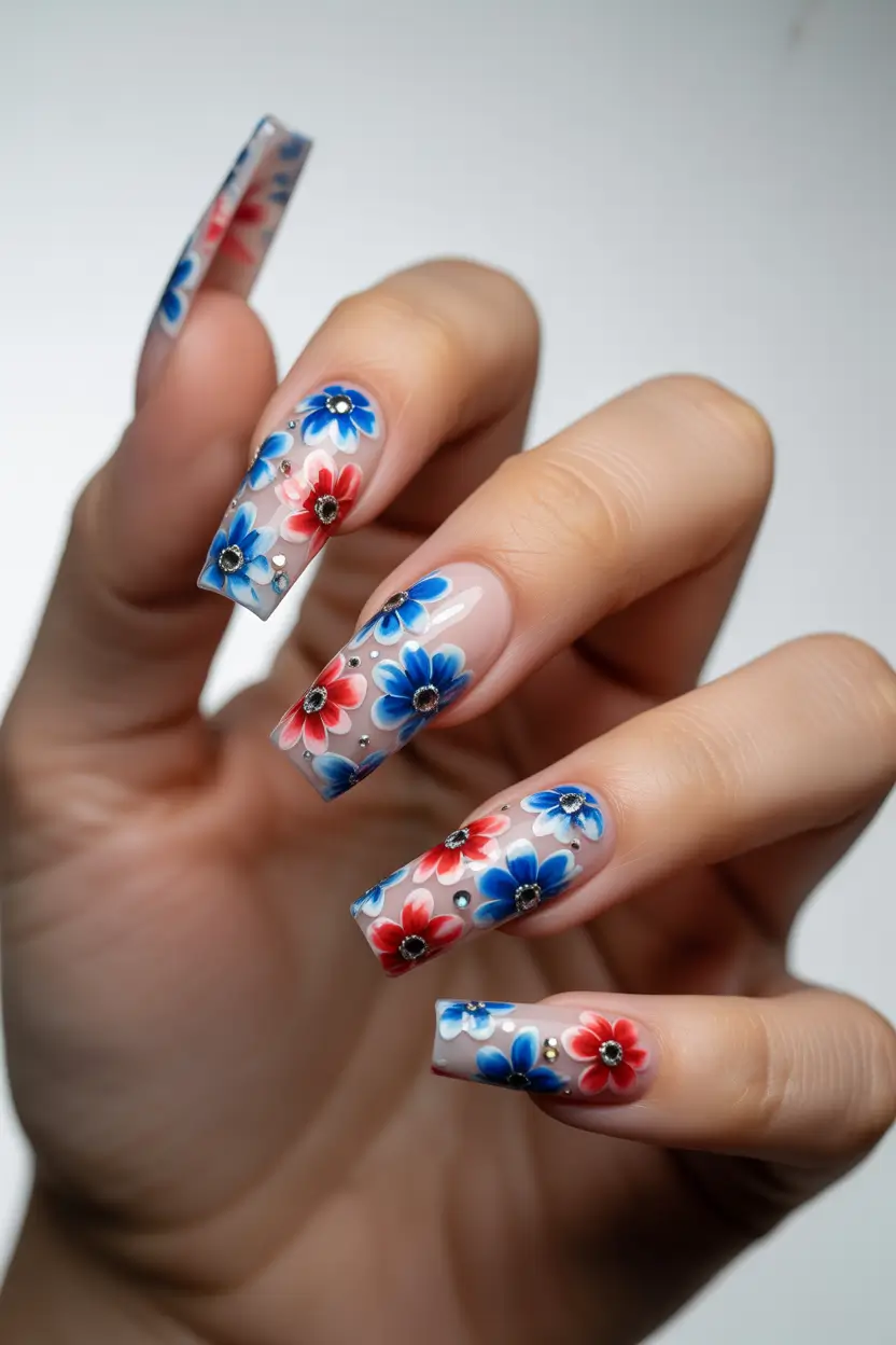 july nails ideas 2025 Floral Fireworks for a Soft Finish