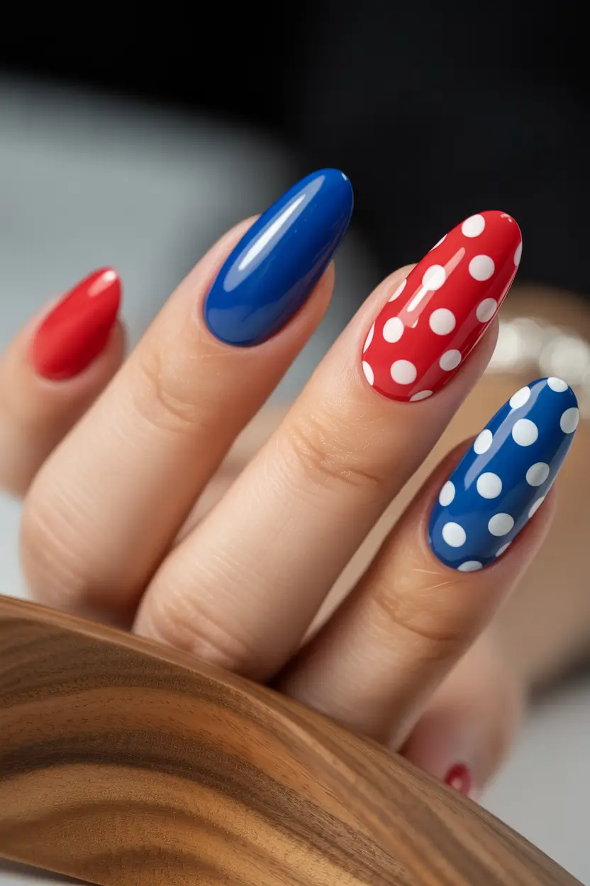 july nails ideas 2025 Playful Polka-Dot Patriot