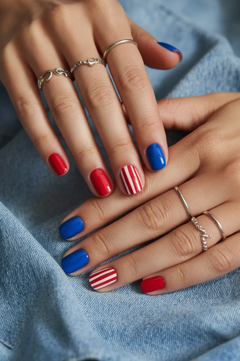 july nails ideas 2025 Classic Red, White & Blue in Bold Blocks