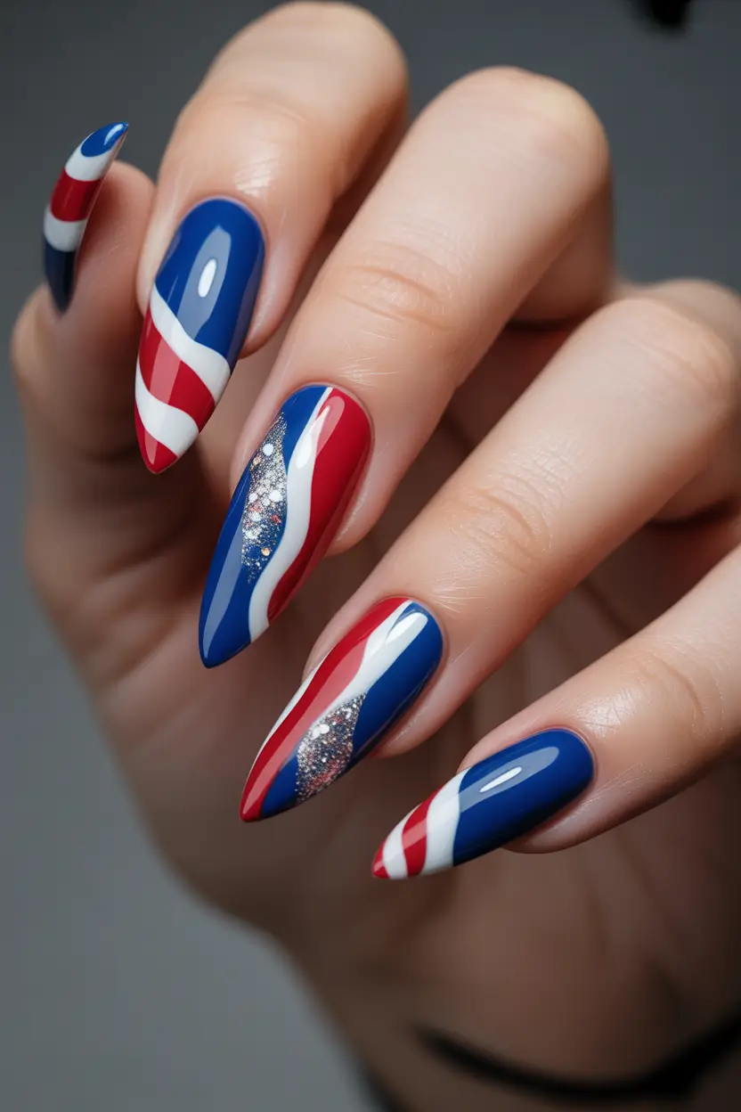july nails ideas 2025 Waves of Freedom with Glitter Accents