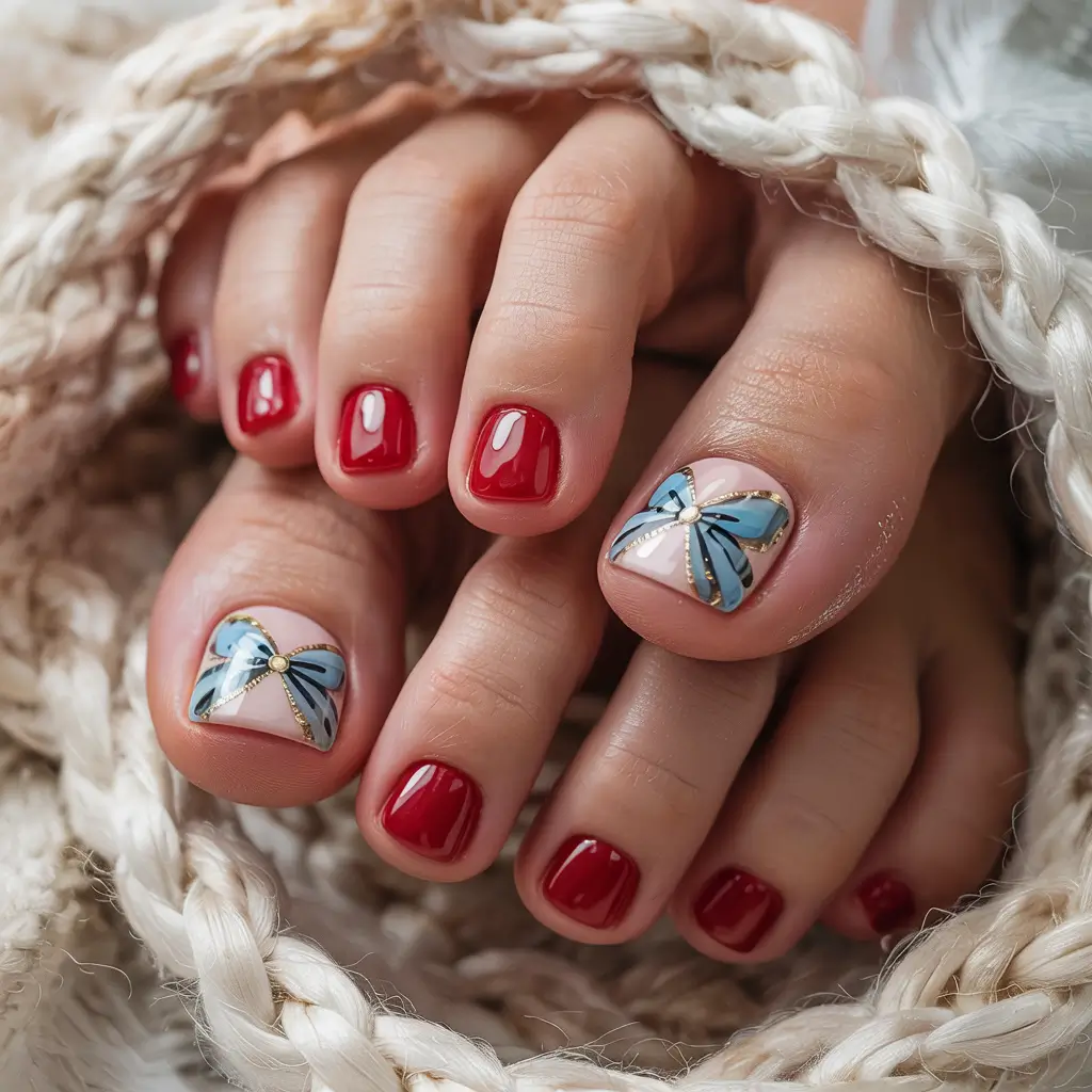 july toe nails ideas 2025 Red Gloss with Blue Satin Bow