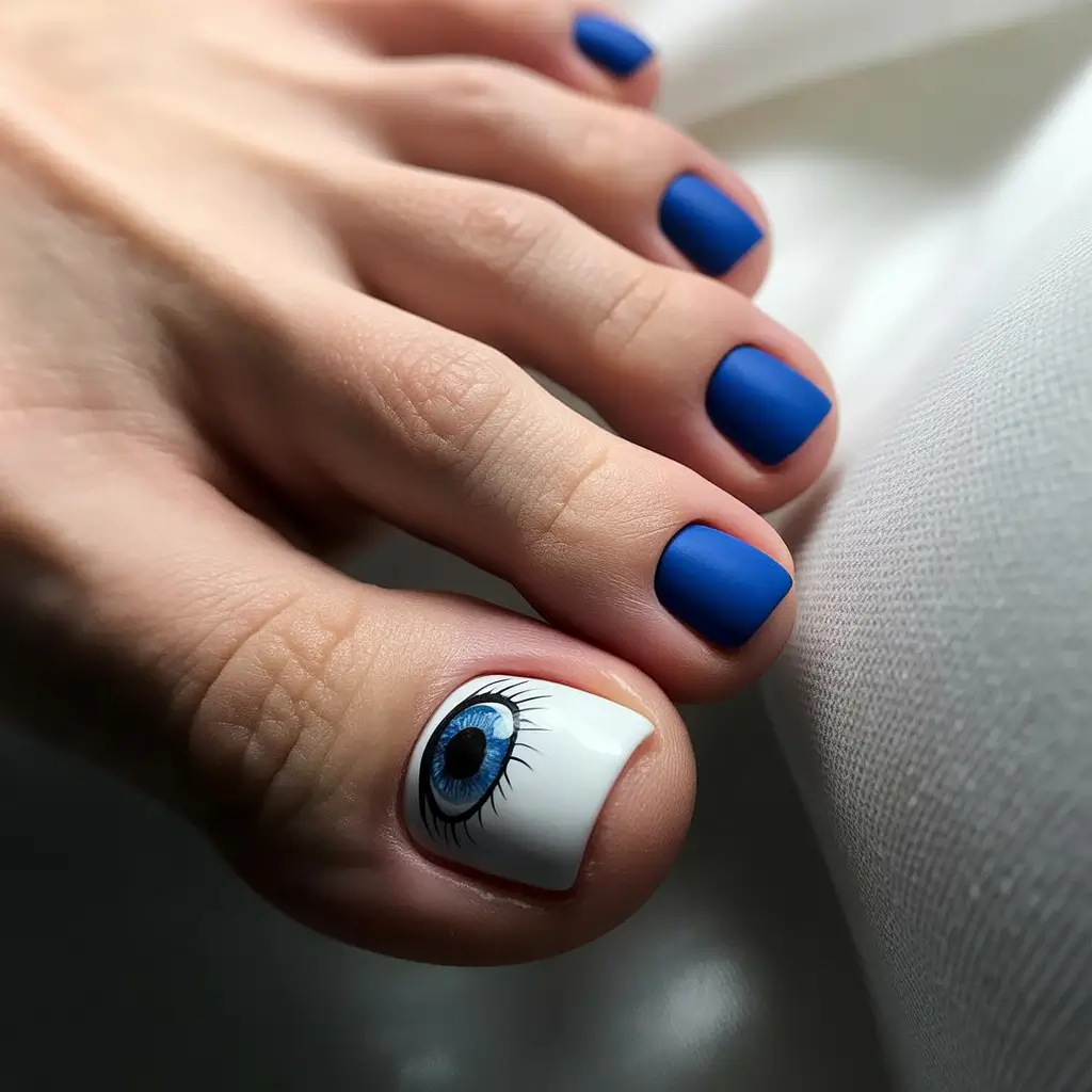 july toe nails ideas 2025 Electric Blue with Evil Eye Accent