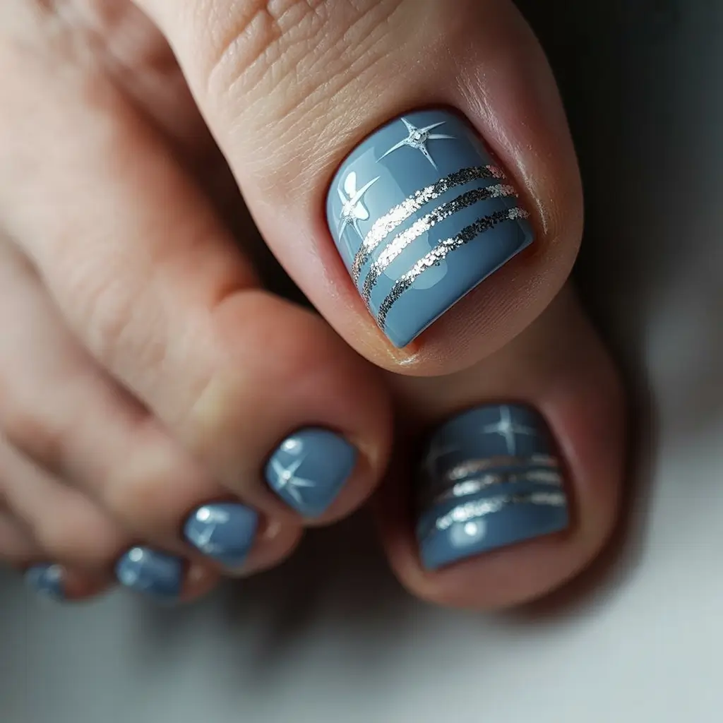 july toe nails ideas 2025 Soft Sky Sparkle with Metallic Accents