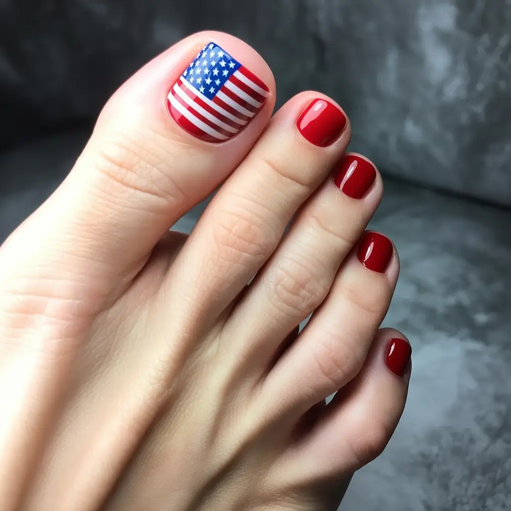 july toe nails ideas 2025 Classic Americana Red with Flag Detail