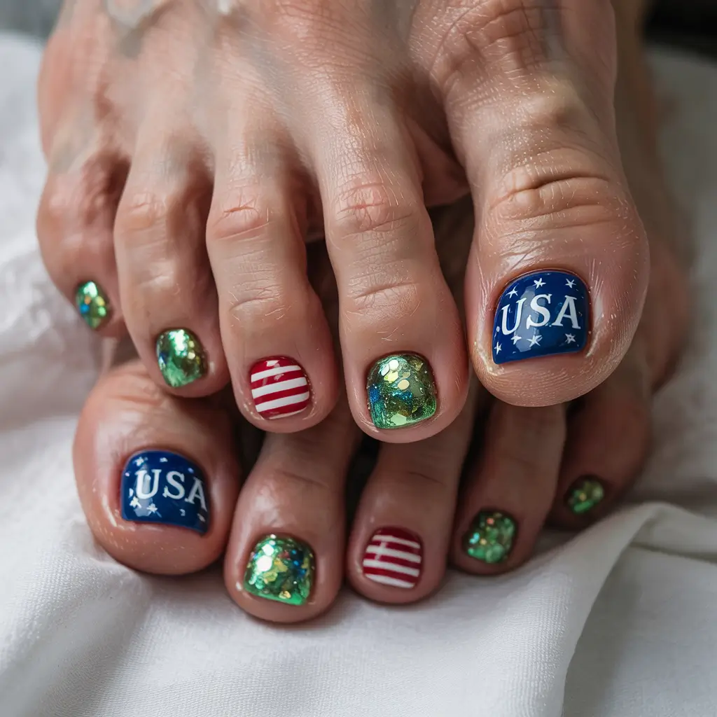 july toe nails ideas 2025 USA Bold with Glitter and Stripes
