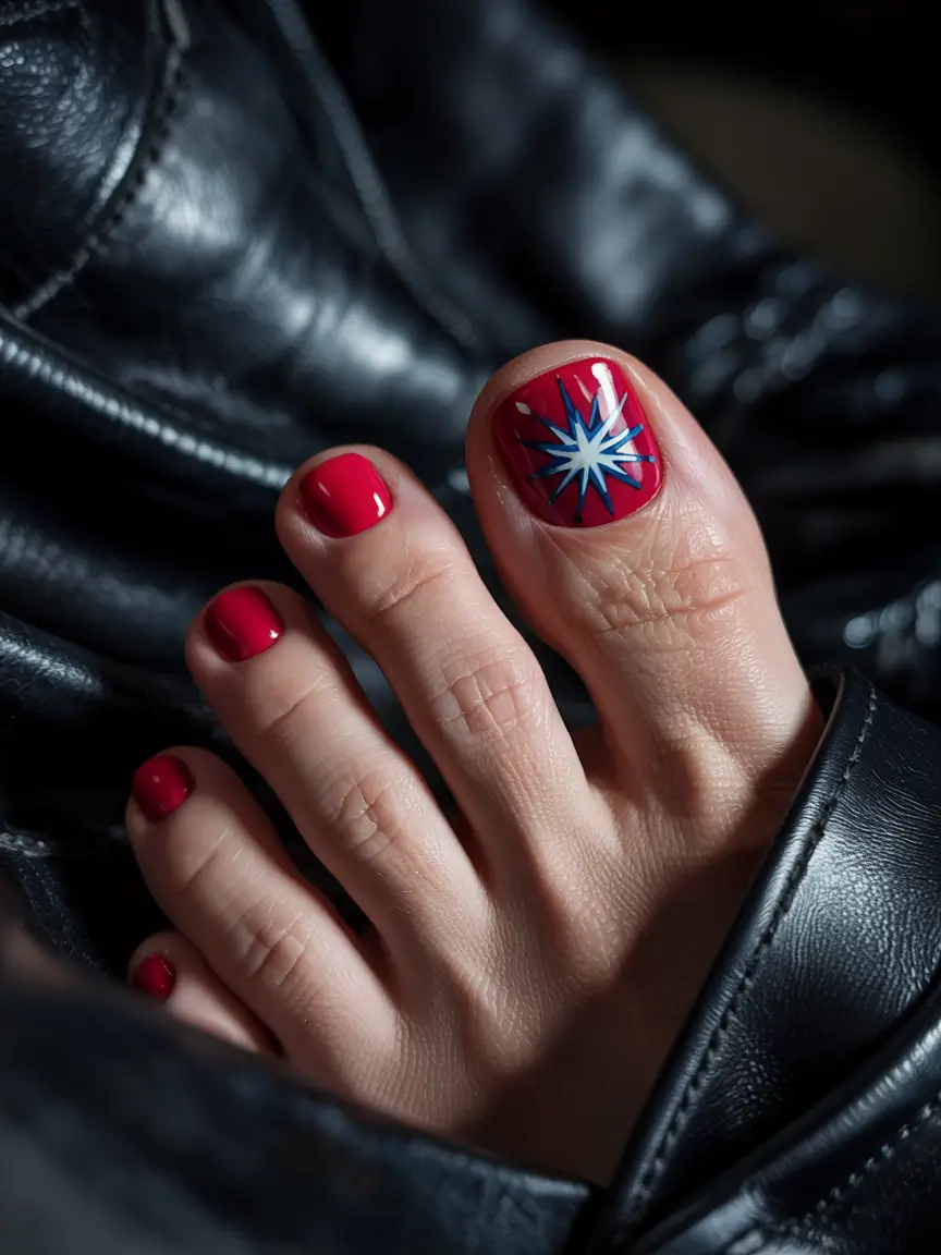 july toe nails ideas 2025 Bold Starburst on Red: Punky 4th Energy