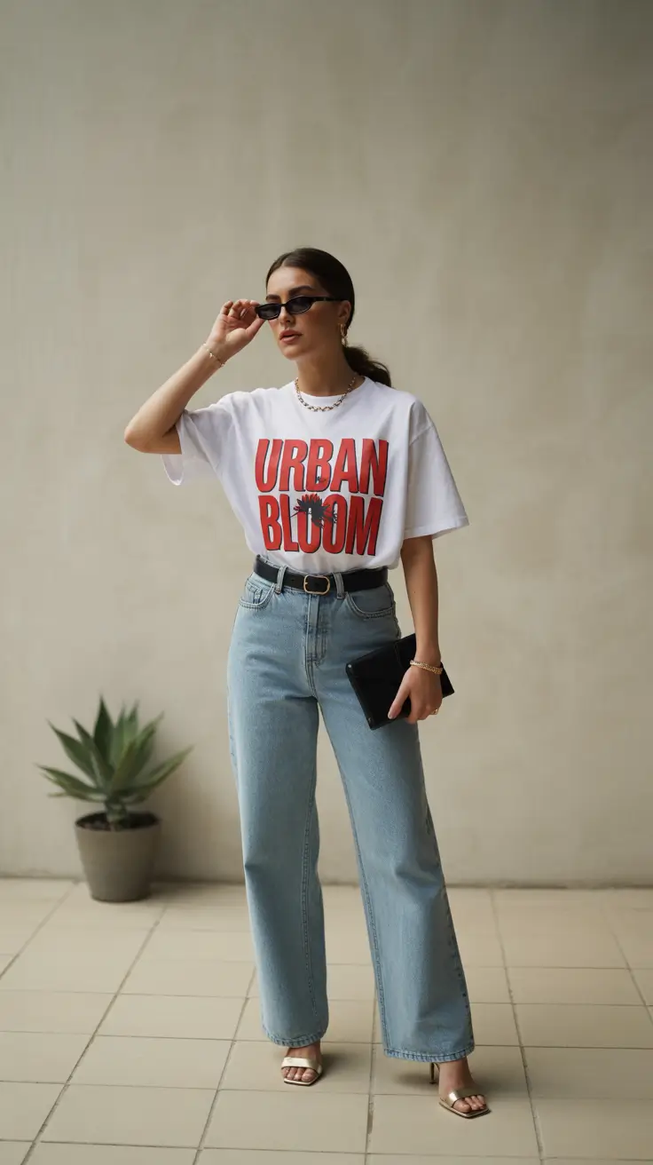 mom outfits ideas for fall Bold Graphic Tee and Statement Accessories