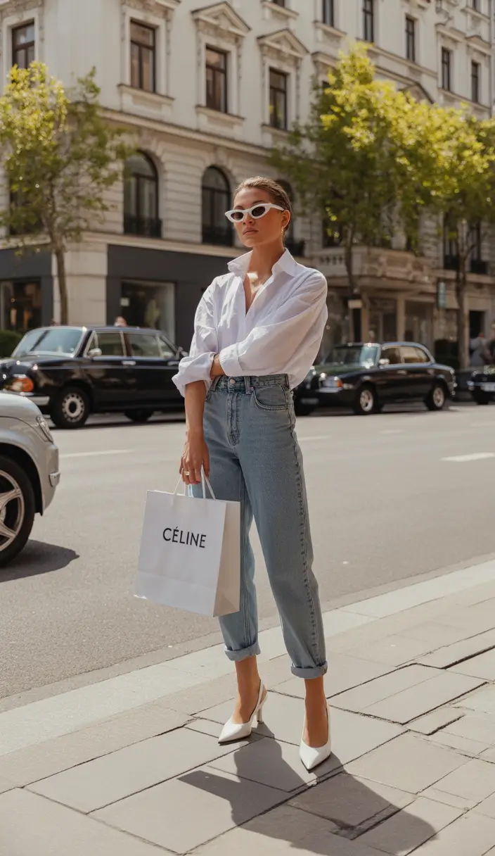 mom outfits ideas for fall Crisp Shirt and White Pumps for Polished Errands