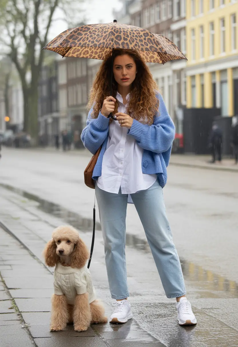 mom outfits ideas for fall Rainy Day Layers with Soft Blue Tones