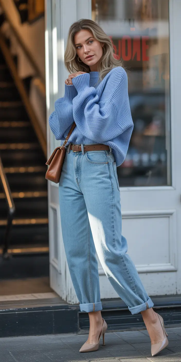 mom outfits ideas for fall Soft Blue Hues and Tailored Grace
