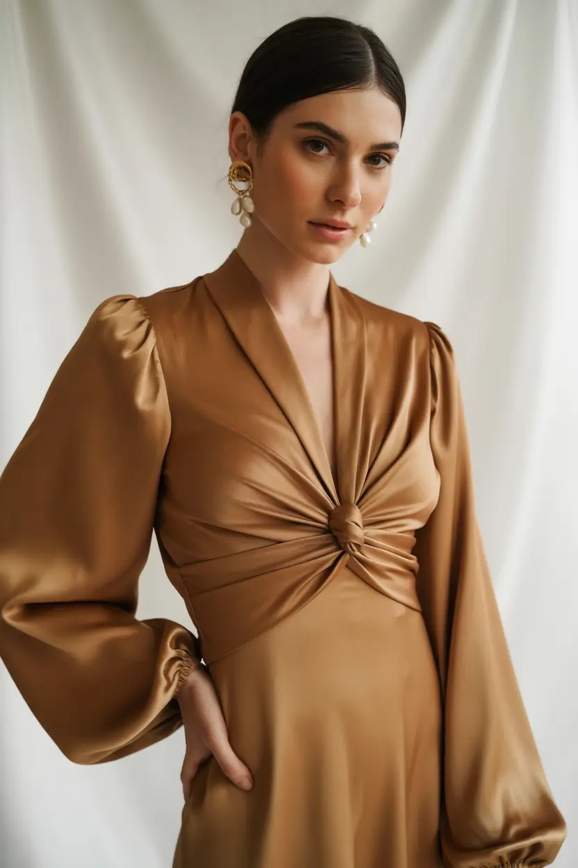 october wedding guest outfits Caramel Satin and Sculptural Details