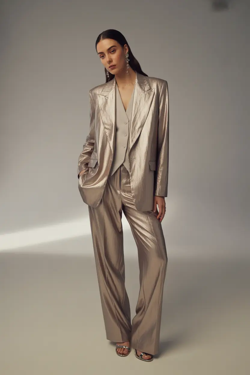 october wedding guest outfits Metallic Mushroom Suit with Modern Structure
