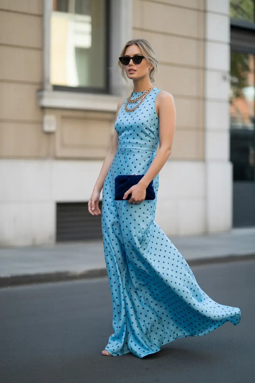 october wedding guest outfits Sky Blue Polka Chic