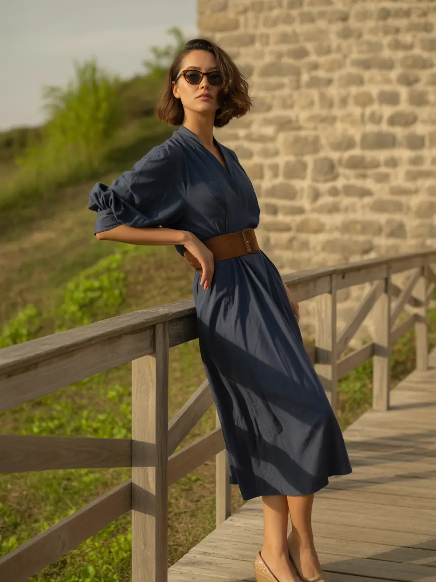 october wedding guest outfits Belted Simplicity in Navy