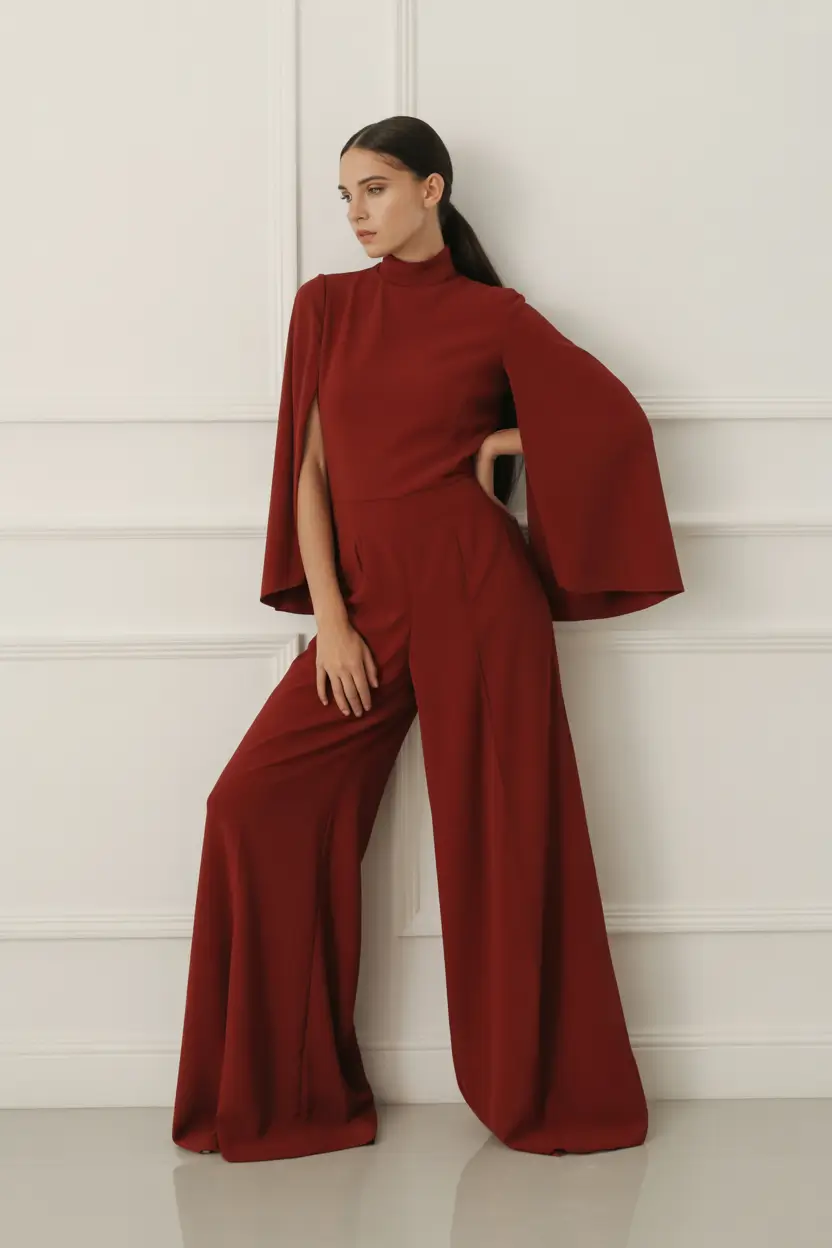october wedding guest outfits Crimson Power Suit with Cape Drama