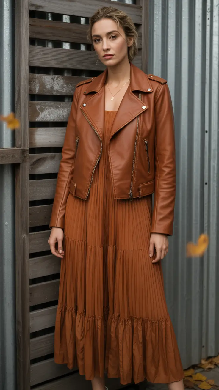 october wedding guest outfits Cinnamon Pleats & Leather Layers