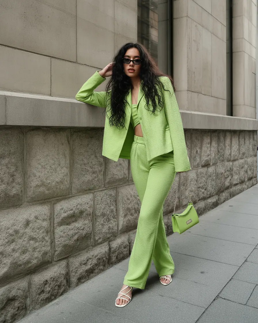 october wedding guest outfits Electric Green Suit Energy