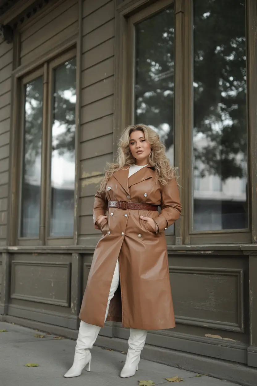 plus size fall fashion ideas 2025 Modern Drama in a Camel Leather Trench
