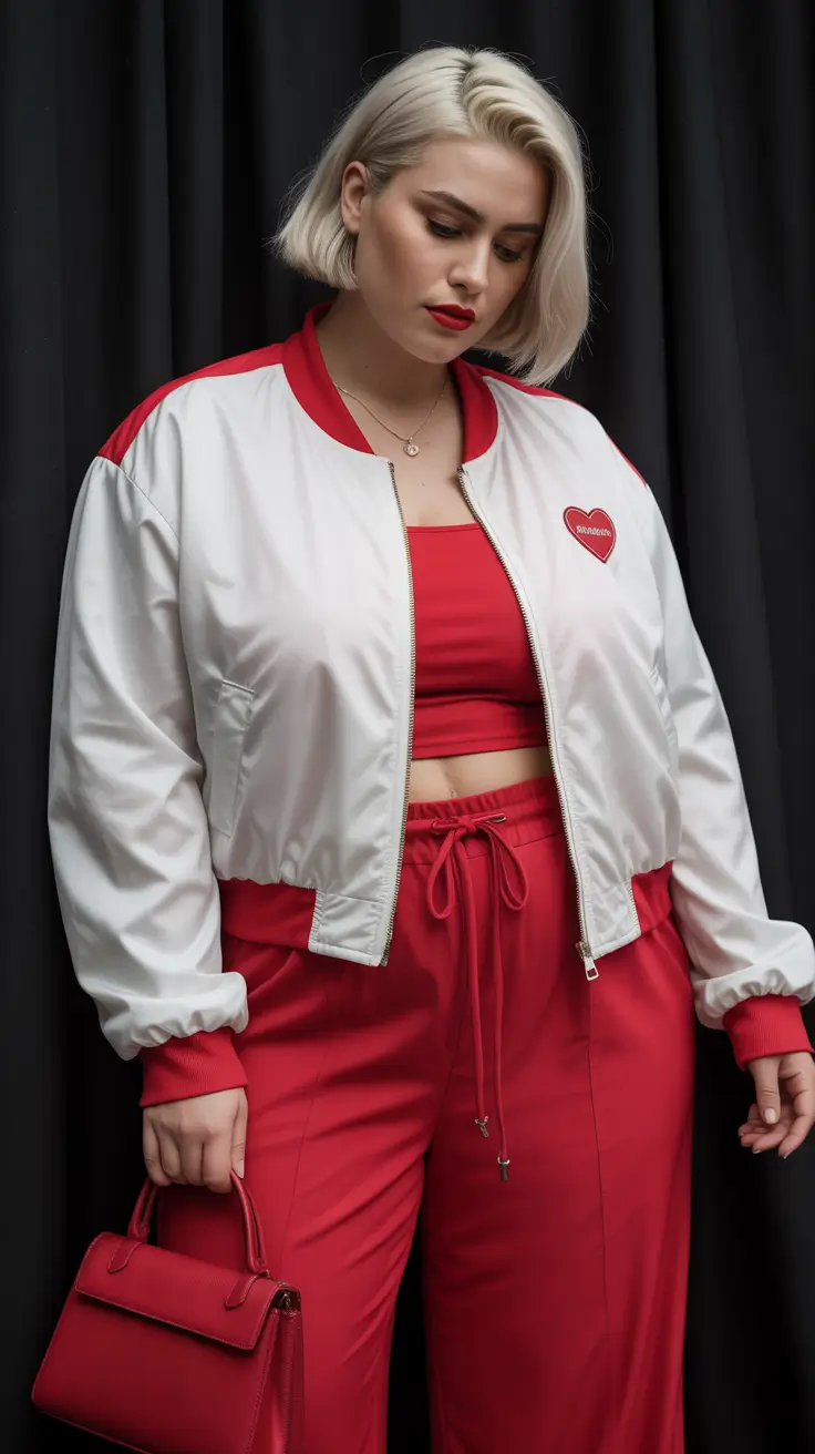 plus size fall fashion Red Tracksuit Chic with Retro Energy