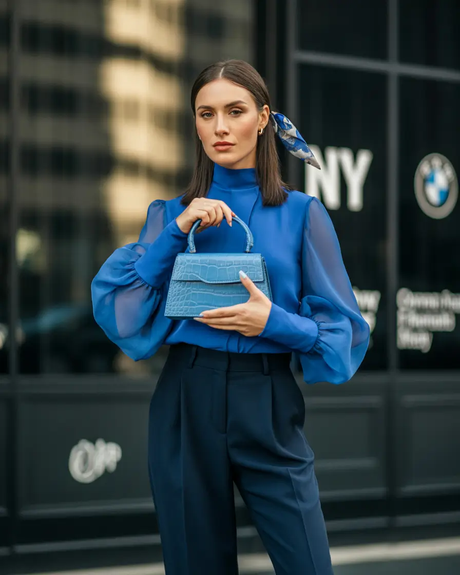 summer to fall transition outfits Sleek and Urban: Blue on Blue Done Right