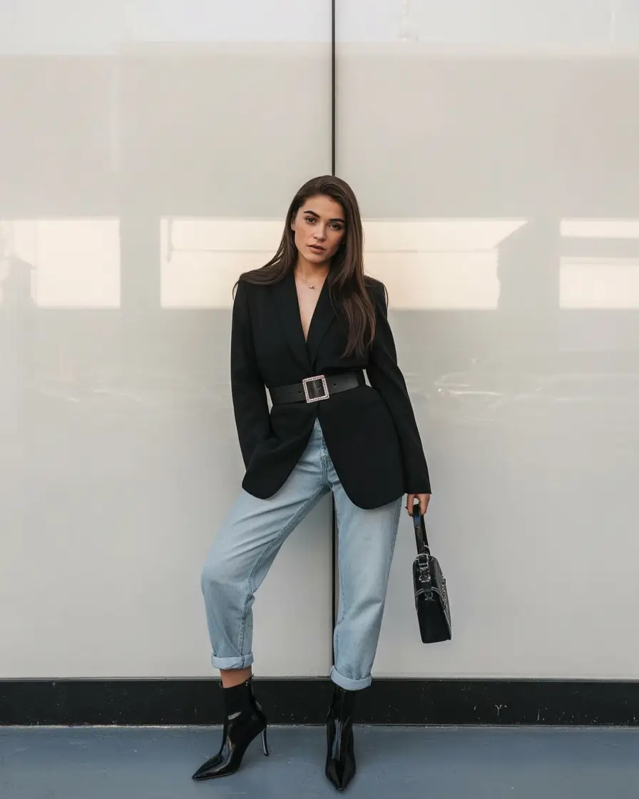 summer to fall transition outfits Polished Rebel: Belted Blazer and Cuffed Denim