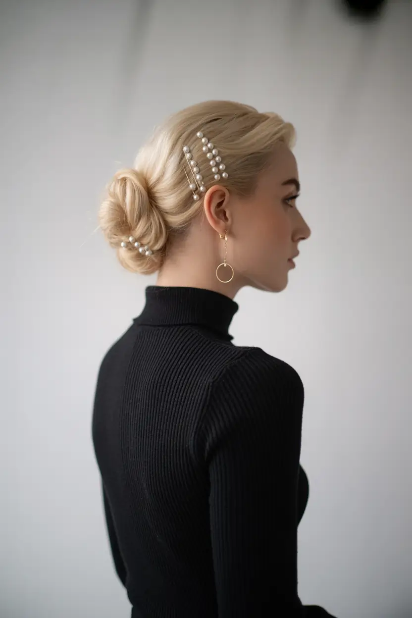 Fall hairstyle Pearl-Pinned Elegance with Low Knot