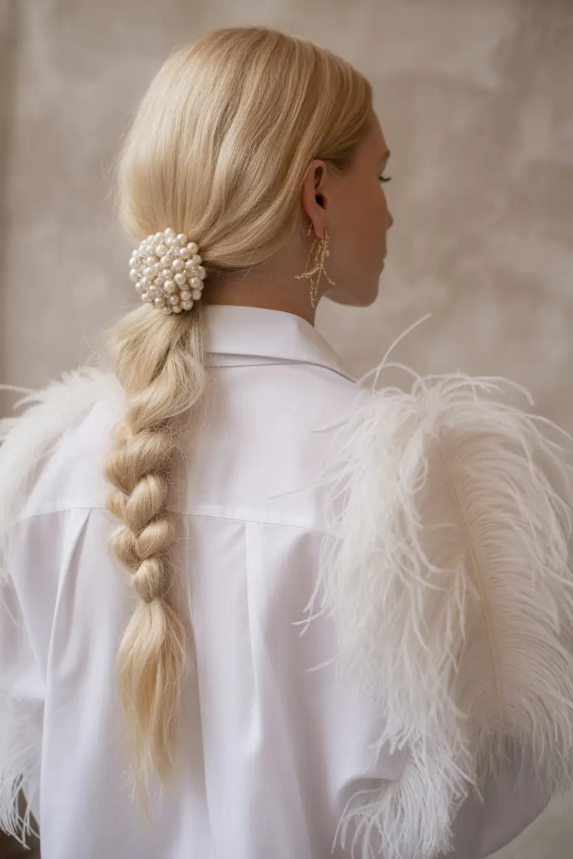 Fall hairstyle Low Braided Pearl Accent