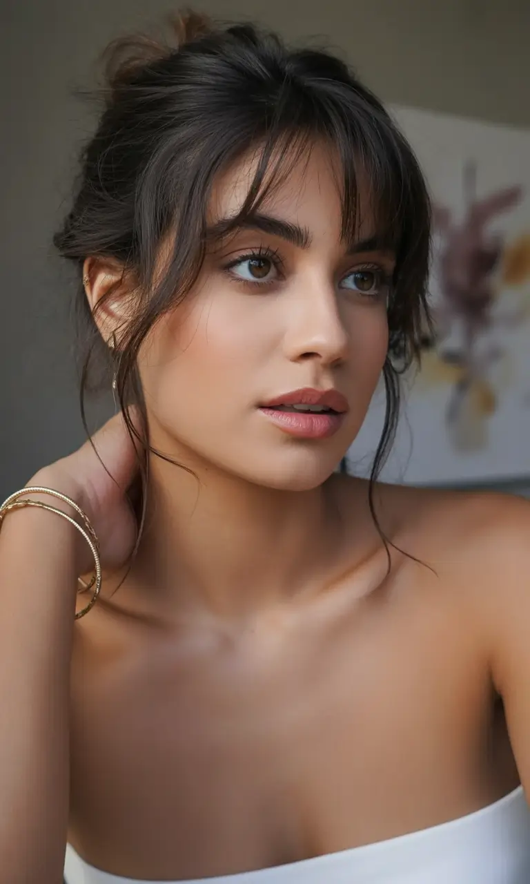 Fall hairstyle Face-Framing Bangs with Wispy Updo