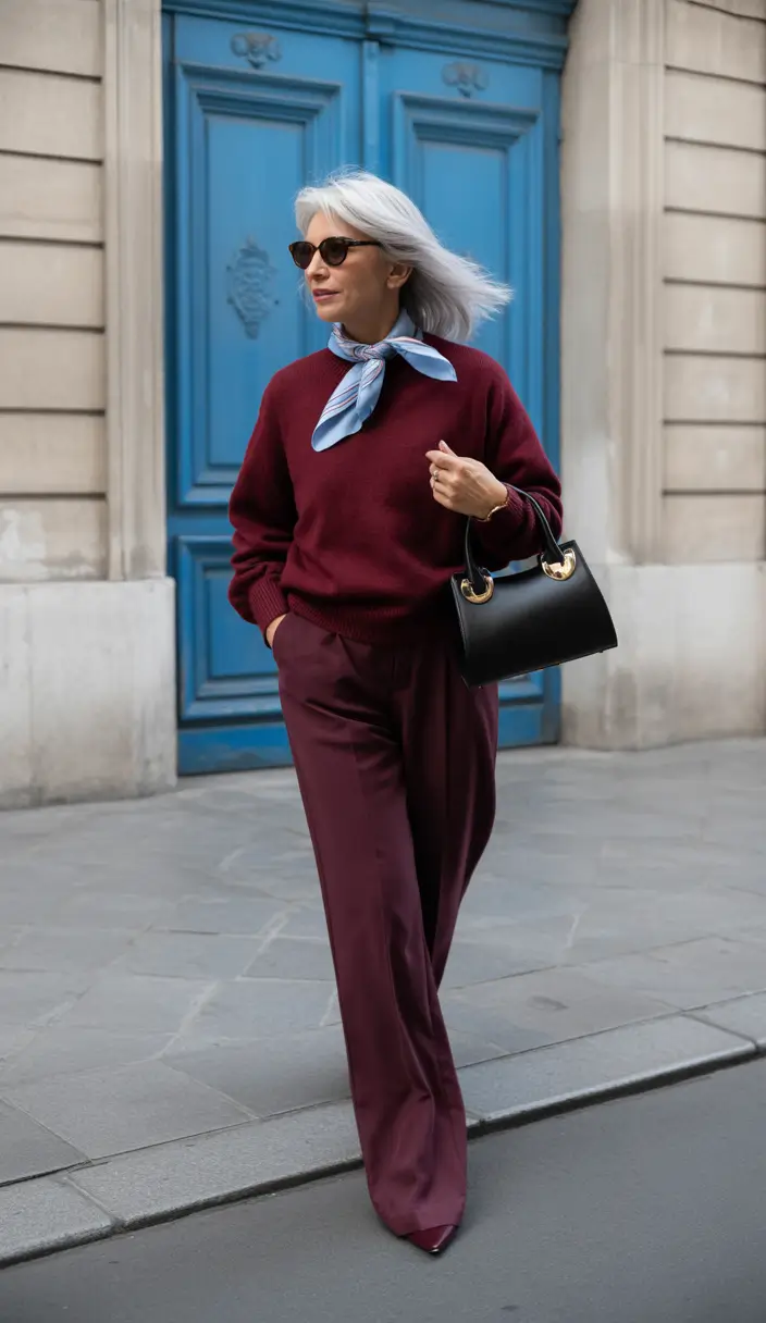 fall outfits for women over 40 Burgundy Elegance with a Silk Scarf Twist