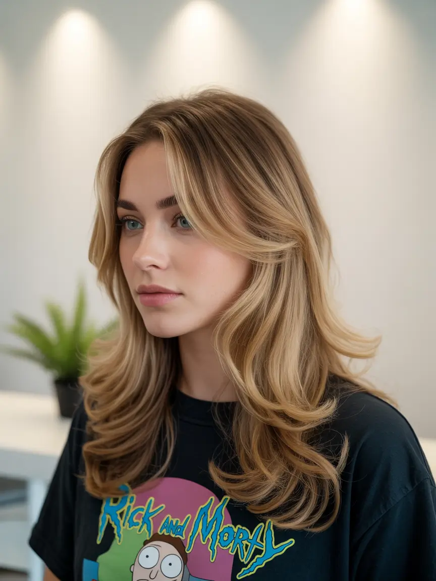 Fall Haircuts 2025 Layered Caramel Blowout with Curtain Fringe