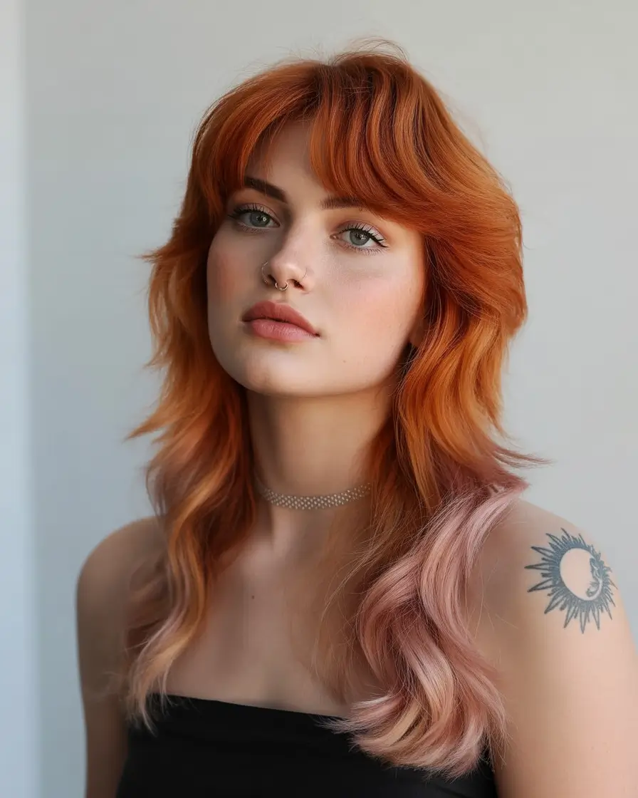 Fall Haircuts+Modern Shag with Peach-Toned Dip Dye